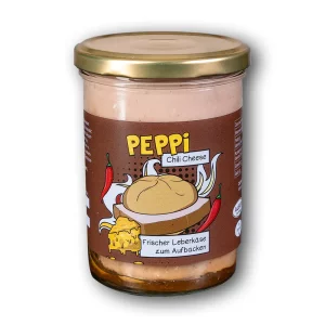 Peppi Chilli Cheese - Leberkäse im Glas mit braunem Etikett vor weißem Hintergrund