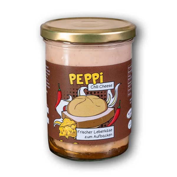 Peppi Chilli Cheese - Leberkäse im Glas mit braunem Etikett vor weißem Hintergrund