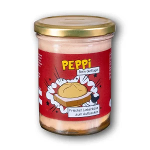 Peppi Rein Geflügel - Leberkäse im Glas mit rotem Etikett vor weißem Hintergrund