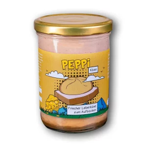 Peppi Käse - Leberkäse im Glas mit gelbem Etikett vor weißem Hintergrund