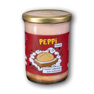 Peppi Klassik - Leberkäse im Glas mit rotem Etikett vor weißem Hintergund
