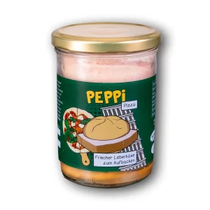 Peppi Pizza - Leberkäse im Glas mit dunkelgrünem Etikett vor weißem Hintergrund
