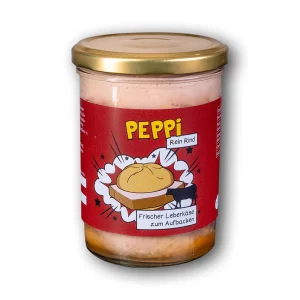 Peppi Rein Rind - Leberkäse im Glas mit rotem Etikett vor weißem Hintergrund