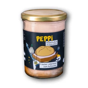 Peppi Roast & Roll - Leberkäse im Glas mit schwarzem Etikett vor weißem Hintergrund