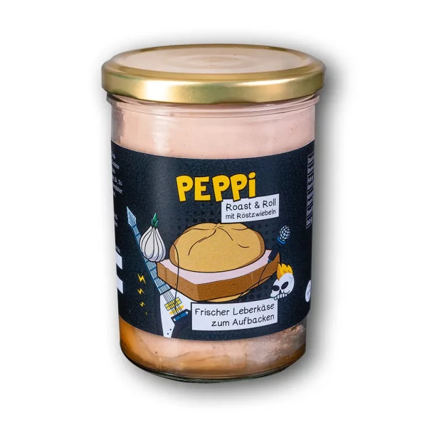 Peppi Roast & Roll - Leberkäse im Glas mit schwarzem Etikett vor weißem Hintergrund