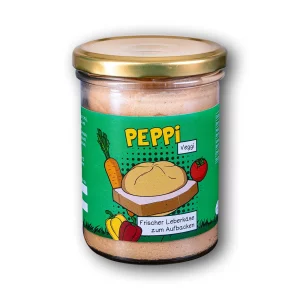 Peppi Veggi - Vegetarischer Leberkäse im Glas mit grünem Etikett vor weißem Hintergrund