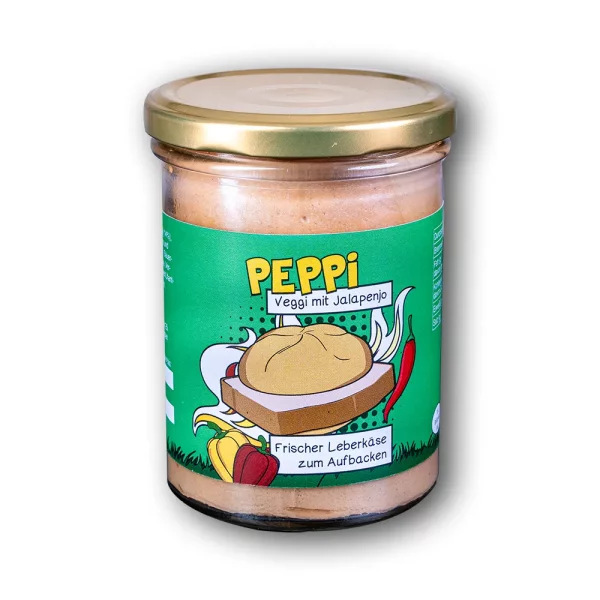 Peppi Veggi Jalapeno - Vegetarischer Leberkäse im Glas mit grünem Etikett vor weißem Hintergrund