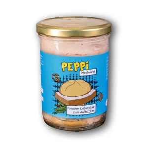 Peppi Weißwurst - Leberkäse im Glas mit blauem Etikett vor weißem Hintergrund